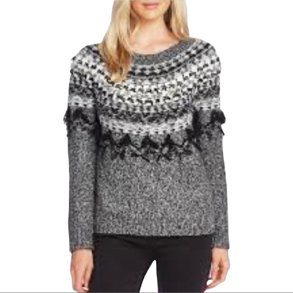 Vince Camuto Fairisle Fringe Crewneck Pullover Sweater Large Gray
